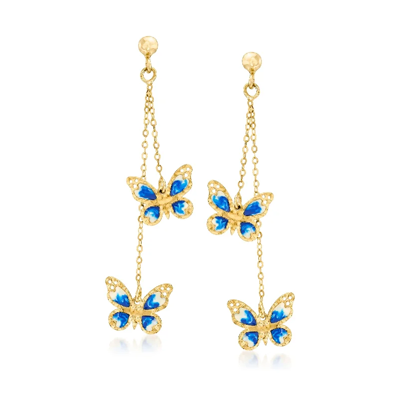 Bold malachite drop earrings with green swirled charm -Ross-Simons Italian Blue and White Enamel Butterfly Drop Earrings in 14kt Yellow Gold