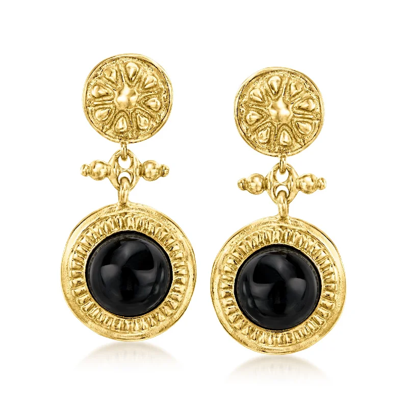 Long chandelier drop earrings for dramatic wedding looks -Ross-Simons Italian Onyx Floral Drop Earrings in 18kt Gold Over Sterling