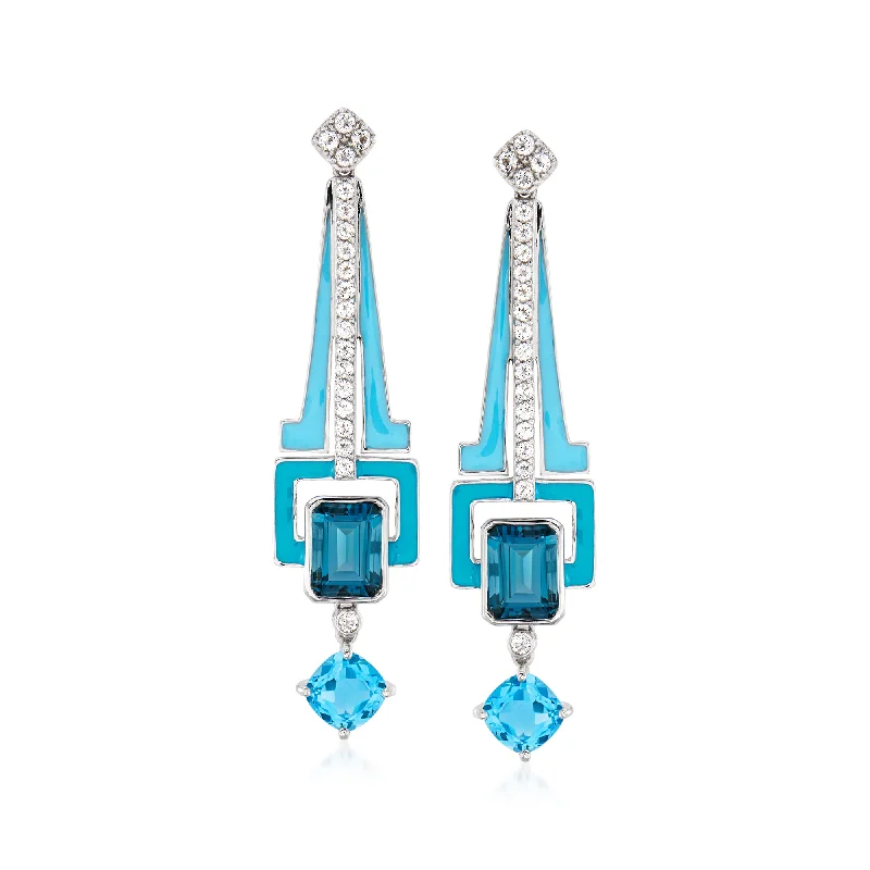 Polished rosewood drop earrings blending organic and chic -Ross-Simons London, Sky and White Topaz Drop Earrings With Blue Enamel in Sterling Silver