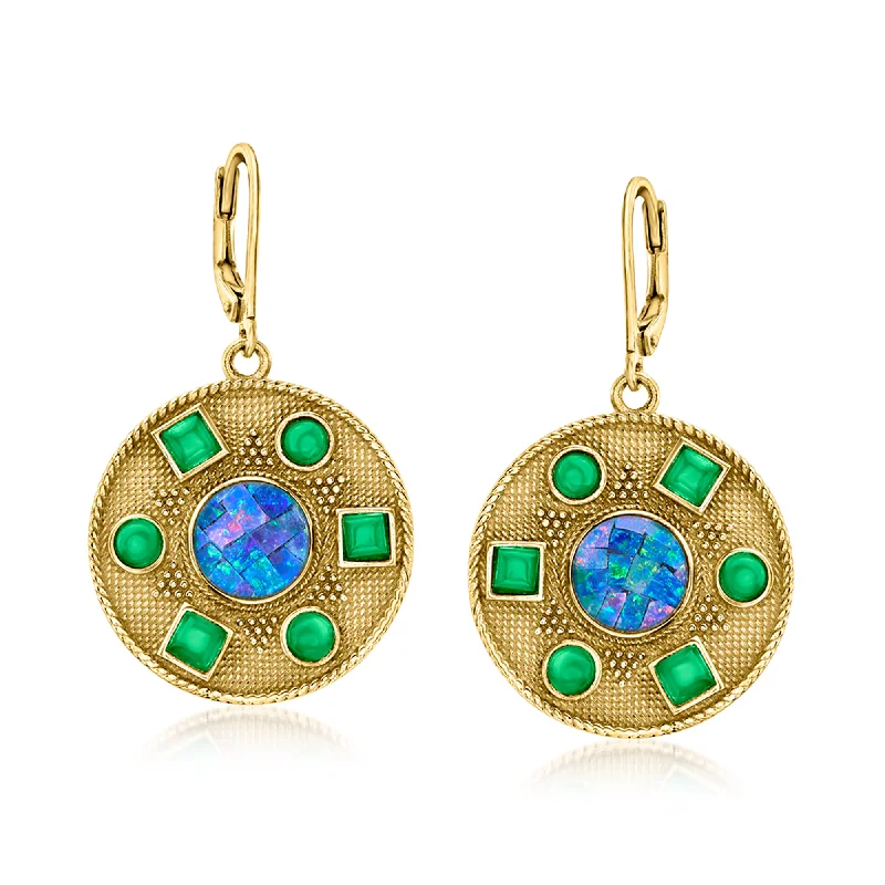 Bold ruby drop earrings adding fiery red flair -Ross-Simons Mosaic Black Opal Triplet Drop Earrings With Green Agate in 18kt Gold Over Sterling