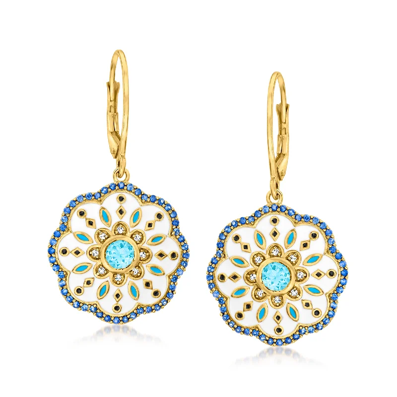 Sleek platinum drop earrings for luxurious subtle shine -Ross-Simons Multi-Gemstone Drop Earrings With Blue and White Enamel in 18kt Gold Over Sterling