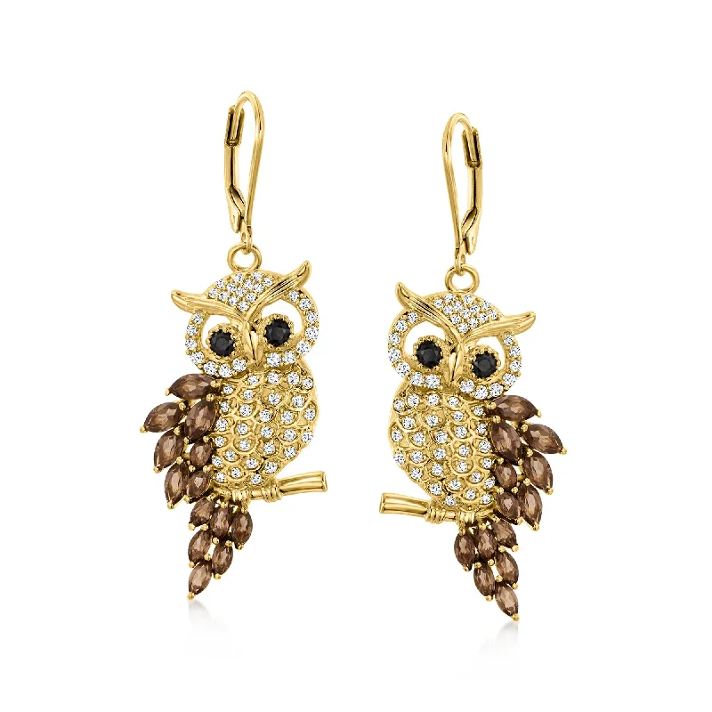 Durable steel drop earrings for tough everyday shine -Ross-Simons Smoky Quartz, White Zircon and . Black Spinel Owl Drop Earrings in 18kt Gold Over Sterling