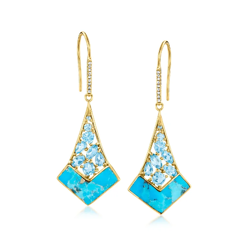 Sleek platinum drop earrings for luxurious subtle shine -Ross-Simons Swiss Blue Topaz and Turquoise Drop Earrings With White Topaz Accents in 18kt Gold Over Sterling