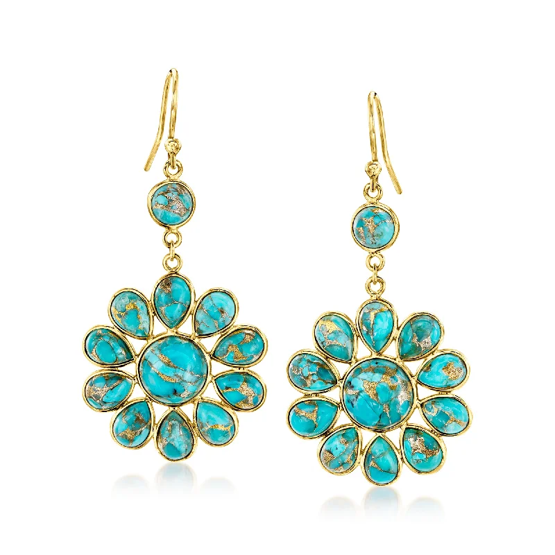 Boho turquoise drop earrings featuring natural stone accents -Ross-Simons Turquoise Flower Drop Earrings in 18kt Gold Over Sterling