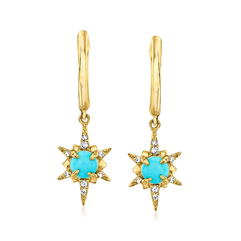 Vivid fluorite drop earrings swaying with rainbow hues -Ross-Simons Turquoise North Star Drop Earrings With Diamond Accents in 14kt Yellow Gold