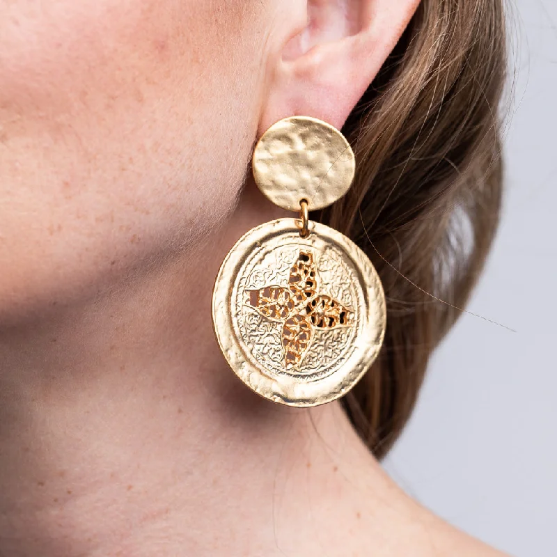 Simple bar drop earrings for clean modern lines -Satin Gold Carved Coin Drop Earrings