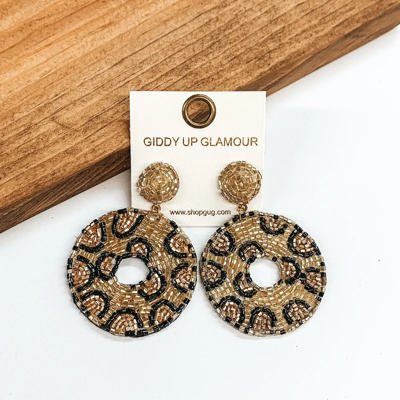 Sculptural bronze drop earrings for artistic bold dangles -Seed Beaded Leopard Print Circle Drop Earrings in Gold