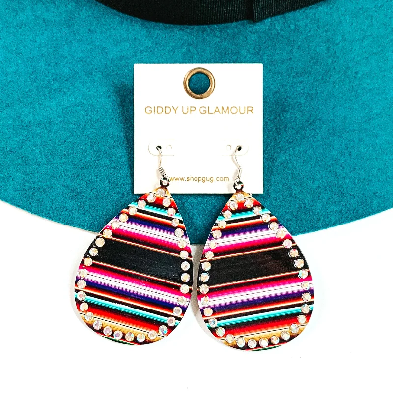 Shimmering herkimer drop earrings mimicking diamond clarity -Serape Print Teardrop Earrings with AB Crystals in Black Mix