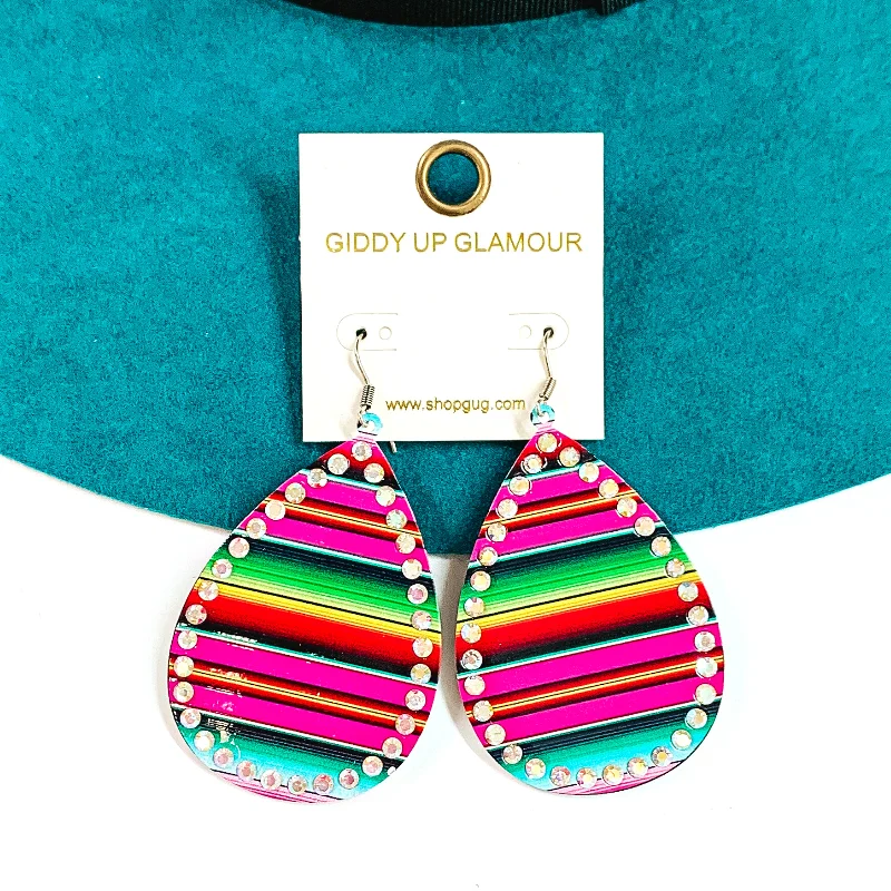 Warm amber drop earrings glowing with fossilized charm -Serape Print Teardrop Earrings with AB Crystals in Pink Mix