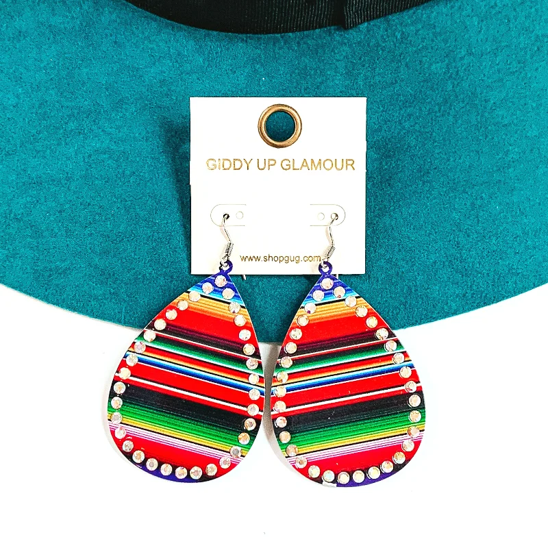 Sleek ceramic drop earrings for lightweight modern wear -Serape Print Teardrop Earrings with AB Crystals in Red Mix