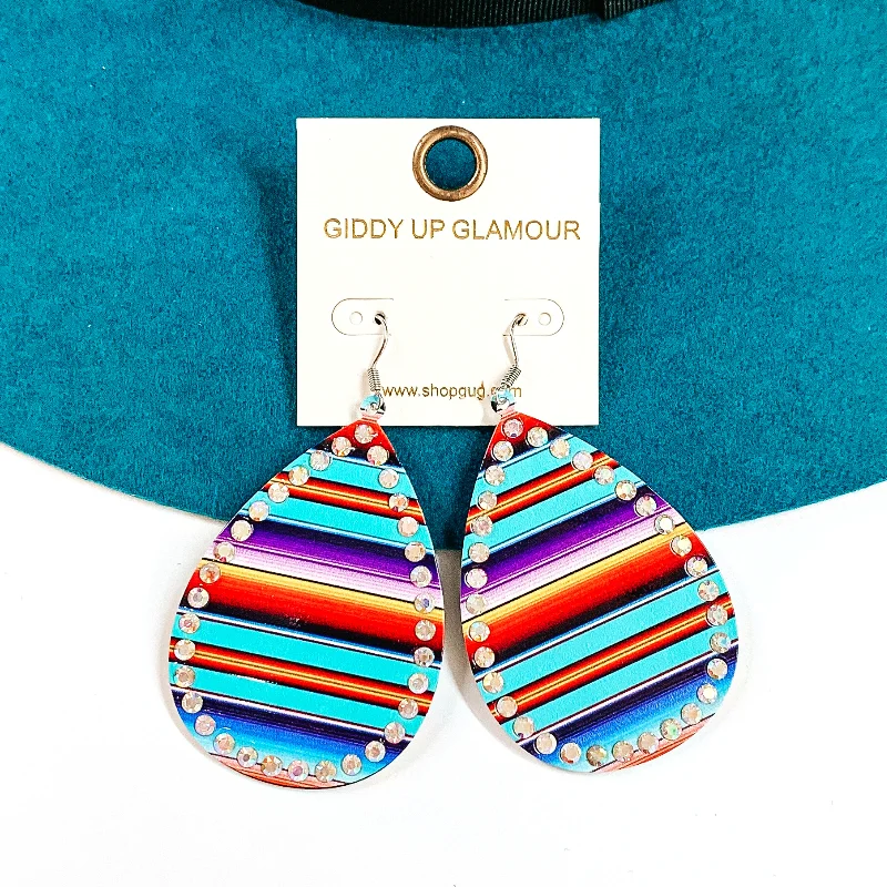 Organic agate drop earrings with natural banded patterns -Serape Print Teardrop Earrings with AB Crystals in Turquoise Mix