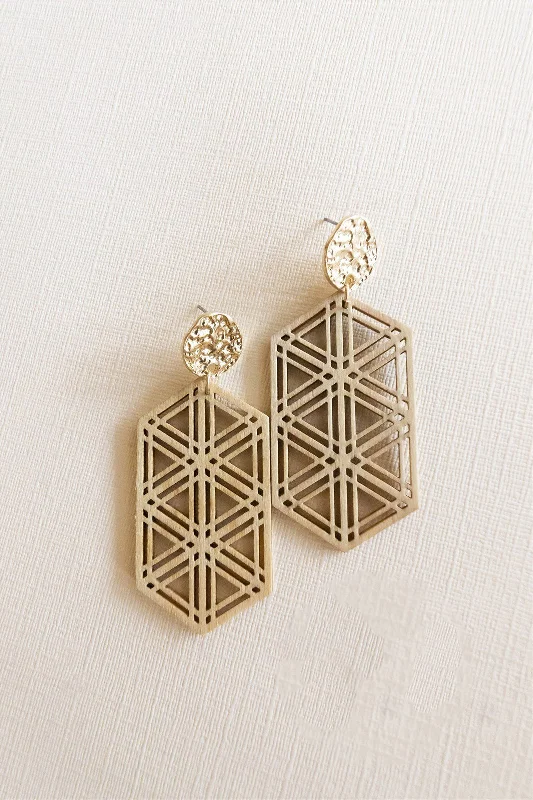 Vintage-inspired drop earrings with engraved floral details -Shaina Wood Boho Earrings | Laser Cut Natural Wood Bohemian Drop Earrings