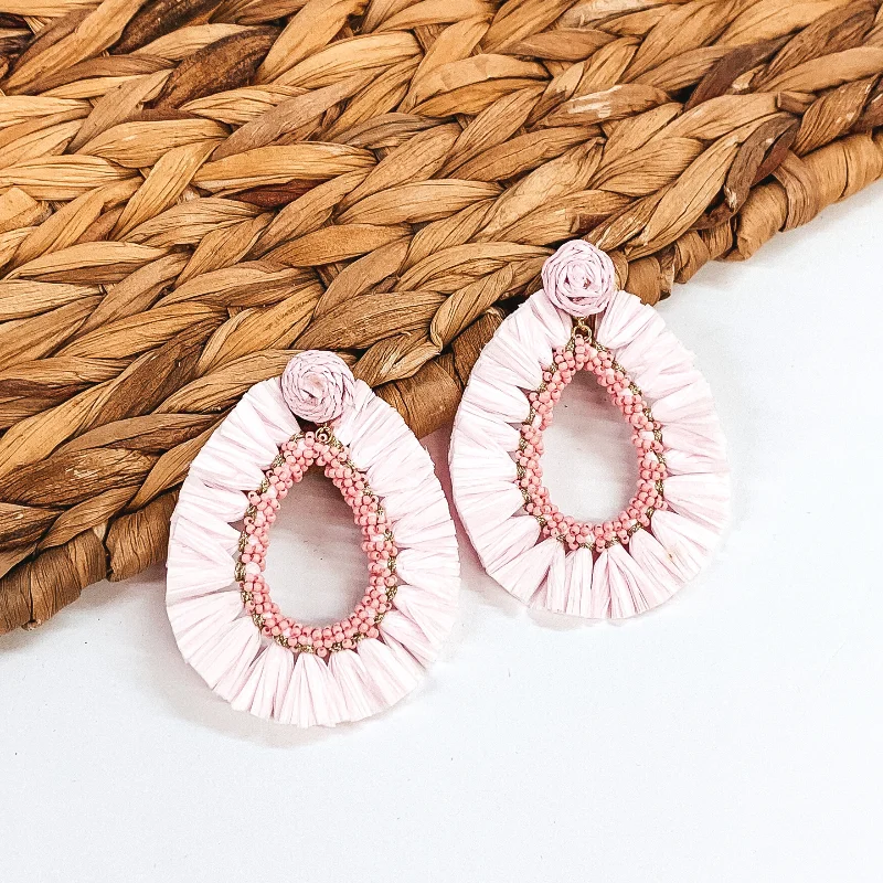 Sustainable wood drop earrings for eco-friendly fashion -Siesta Sunsets Raffia Wrapped Open Teardrop Earrings in Baby Pink