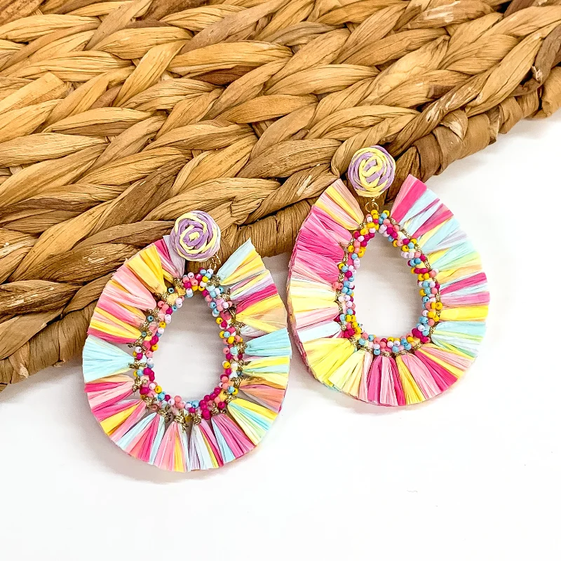 Oversized statement drop earrings for eye-catching events -Siesta Sunsets Raffia Wrapped Open Teardrop Earrings in Pastel Multicolored