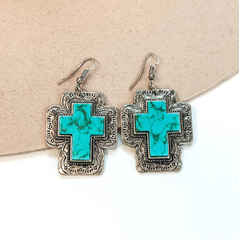 Bold aventurine drop earrings with subtle green shimmer -Silver Cross Pendant Earrings with Cross Stone in Turquoise