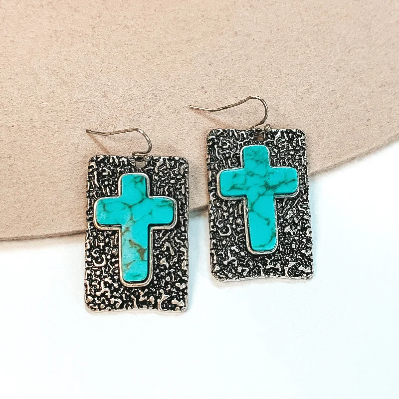 Rich garnet drop earrings exuding deep red warmth -Silver Rectangle Drop Earrings with Cross Stone in Turquoise