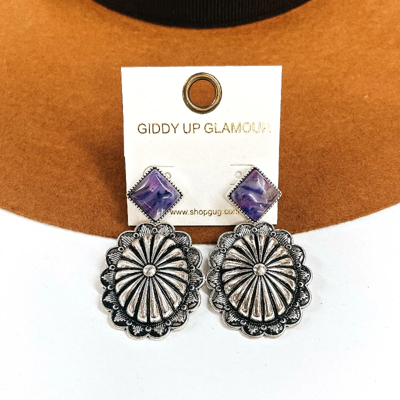 Hand-carved drop earrings featuring unique stone dangles -Moonstruck Silver Tone Concho Drop Earrings with Agate Stone Post in Purple