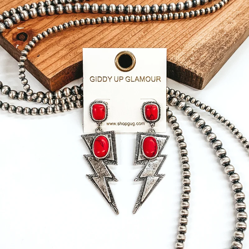 Simple teardrop drop earrings for understated chic appeal -Silver Tone Lightning Bolt Drop Earrings with Faux Stones in Red