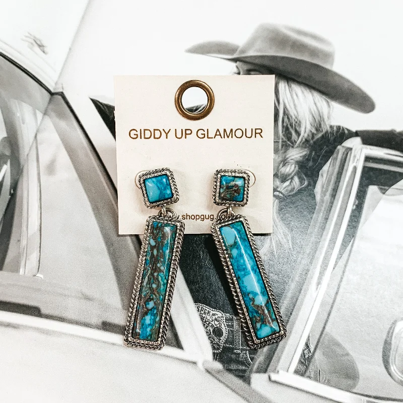 Cool lapis drop earrings with deep blue mystique -Silver Tone Rectangle Drop Earrings with Faux Turquoise Stones