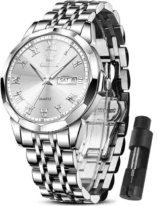 Modern men's watches with sleek, metallic finishes and minimalist dials for a stylish, everyday look -Sliver Mens Watch Large White Face Watch Fashion Stainless Steel Strap Wrist Watches Date Watches for Men Sample Waterproof Watch Easy Read Watches Roman Numerals Watch