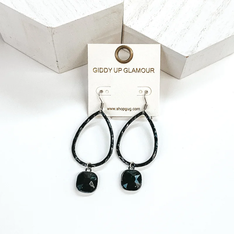 Durable titanium drop earrings resisting wear daily -Small Hammered Teardrop Earrings with Black Hanging Crystal in Black