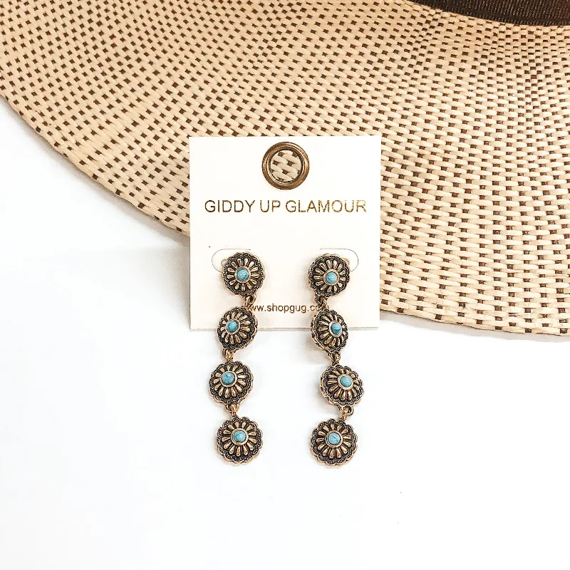 Artisanal beaded drop earrings with colorful boho vibes -Small Western Flower Concho Drop Earrings with Turquoise Stones in Gold