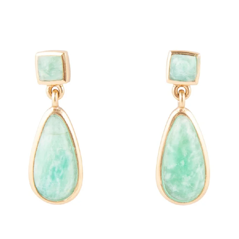 Ethereal moonstone drop earrings with mystical lunar glow -Smooth Green Amazonite and Golden Bronze Teardrop Earrings