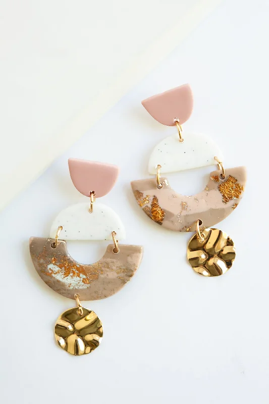 Durable steel drop earrings for tough everyday shine -Stacie Clay Drop Earrings | Eclectic Art Deco Earrings | Neutral Clay with Gold Leaf Details