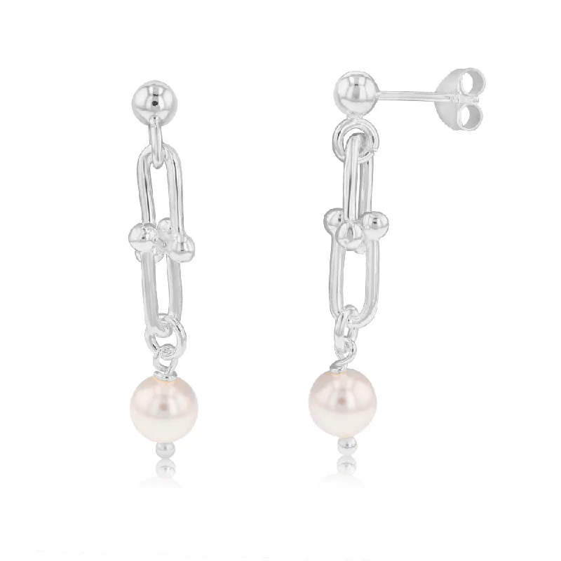 Minimalist chain drop earrings for sleek modern style -Sterling Silver Links And Synthetic Pearl Drop Earrings