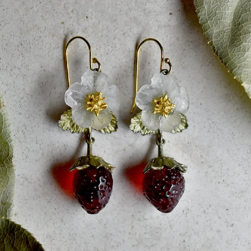 Minimalist chain drop earrings for sleek modern style -Strawberry Fruit & Flower Drop Earrings