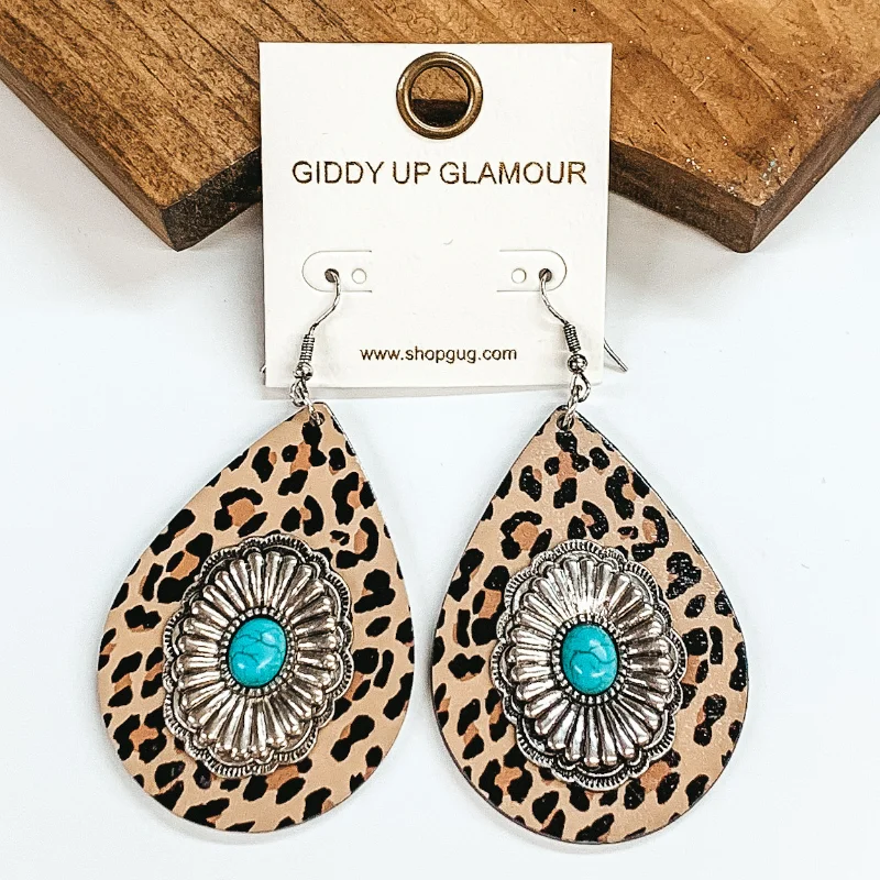 Polished nickel drop earrings for affordable shiny dangles -Teardrop Earrings with Silver Concho and  Center Turquoise Stone in Cheetah Print