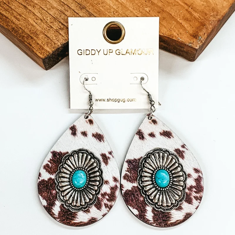 Classic trilogy drop earrings with three-stone elegance -Teardrop Earrings with Silver Concho and Center Turquoise Stone in Cow Print