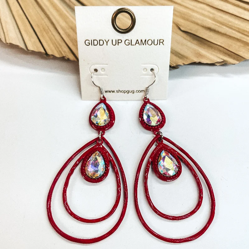 Polished rosewood drop earrings blending organic and chic -Double Teardrop Earrings with AB Crystals in Red