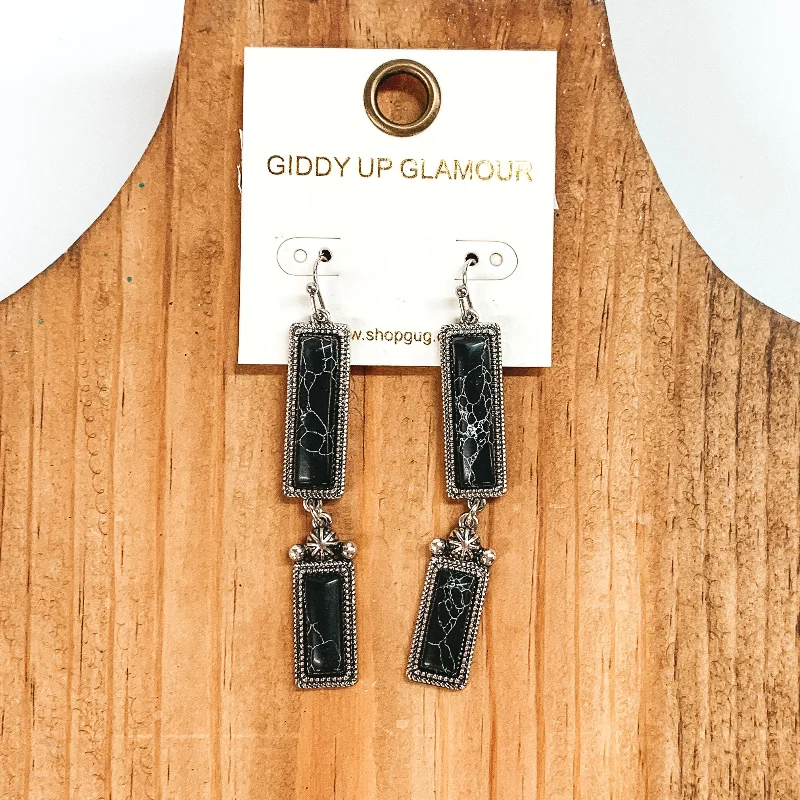 Sparkling zircon drop earrings mimicking diamond brilliance -Two Rectangle Drop Earrings with Faux Black Stones in Silver Tone