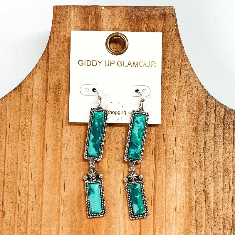 Durable titanium drop earrings resisting wear daily -Two Rectangle Drop Earrings with Faux Green Stones in Silver Tone