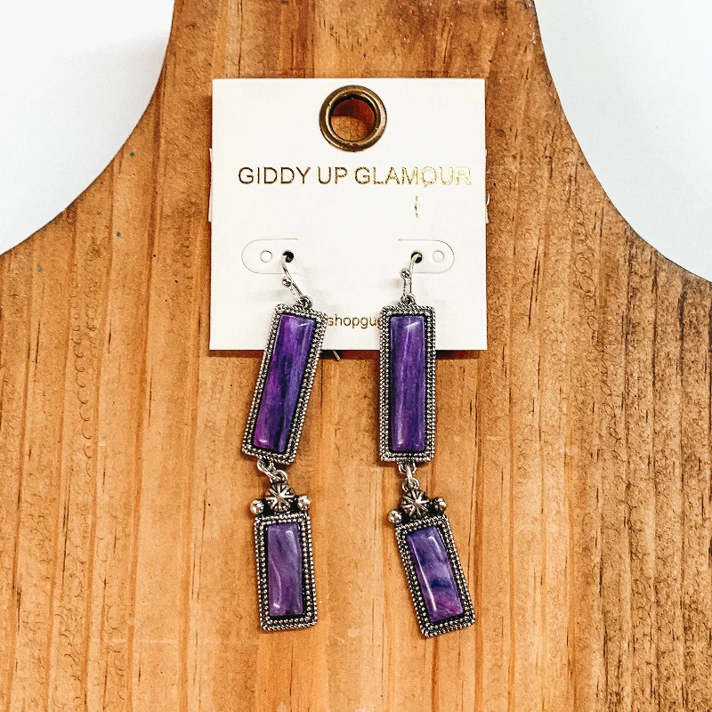 Playful tassel drop earrings adding movement and fun -Two Rectangle Drop Earrings with Faux Purple Stones in Silver Tone