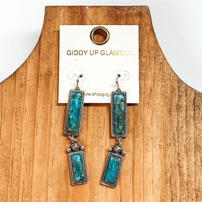 Sunny coral drop earrings for vibrant tropical flair -Two Rectangle Drop Earrings with Faux Turquoise Stones in Silver Tone