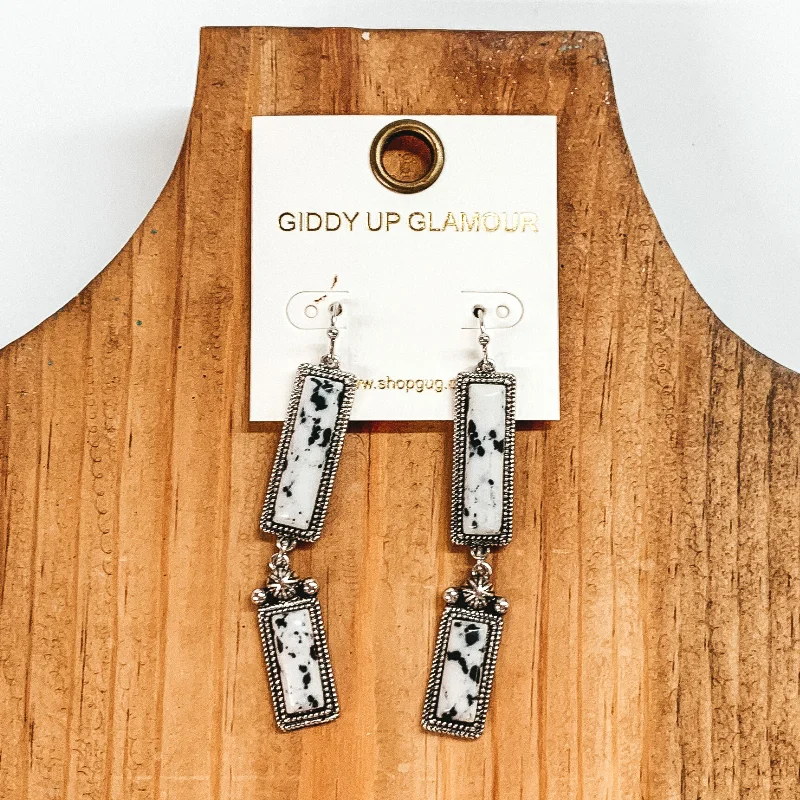 Soft velvet drop earrings offering cozy winter texture -Two Rectangle Drop Earrings with Faux White Stones in Silver Tone