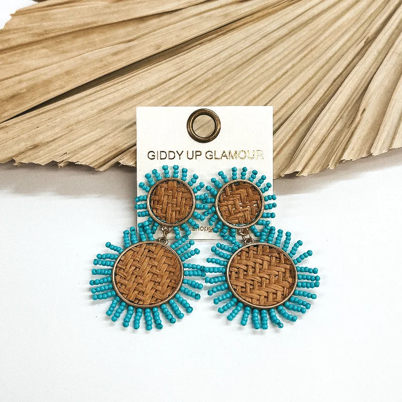 Geometric acrylic drop earrings offering bold modern shapes -Seafront Views Two Tiered Woven Gold Circle Drop Earrings with Seedbeads in Turquoise