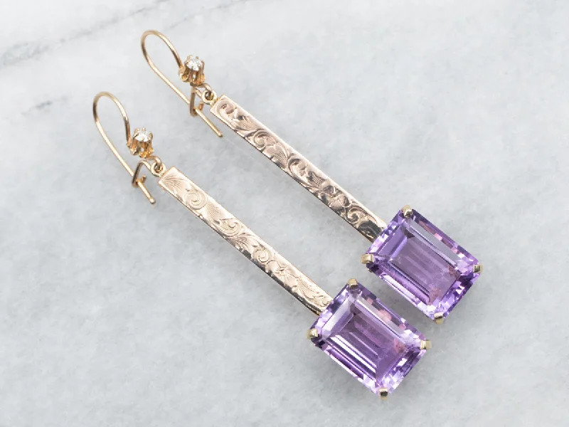 Organic coral drop earrings with bright tropical charm -Two Tone Amethyst Bar Drop Earrings with Diamond Accents