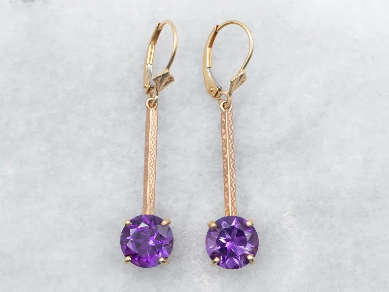 Warm citrine drop earrings for golden dangling cheer -Two Tone Yellow and Rose Gold Round Cut Amethyst Bar Drop Earrings