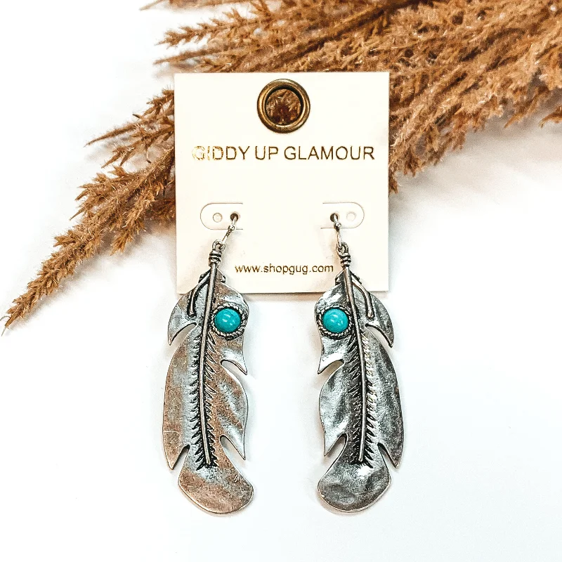 Organic hemp drop earrings for natural texture lovers -Western Feather Drop Earrings in Silver