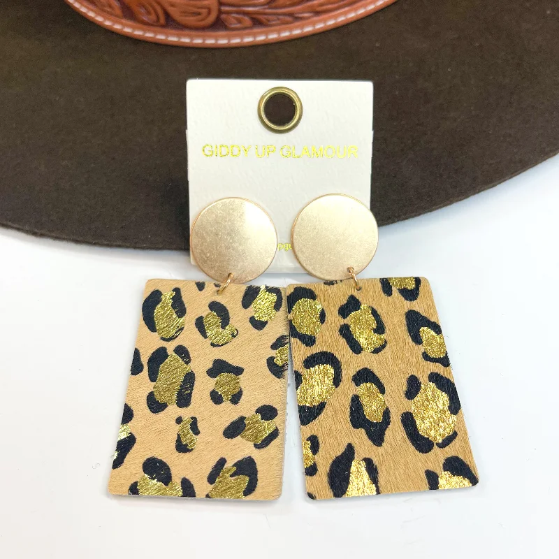 Simple bar drop earrings for clean modern lines -Where the Wild Things Are Leopard Print Rectangle Drop Earrings in Beige