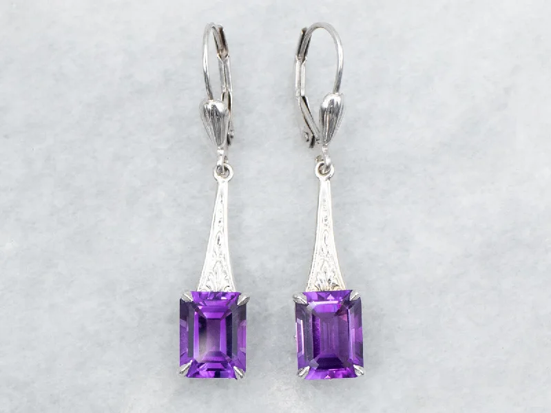 Affordable silver drop earrings perfect for daily wear -Emerald Cut Amethyst Drop Earrings