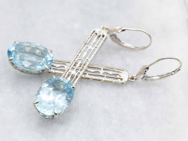 Classic hoop drop earrings combining dangles with circles -White Gold Blue Topaz Filigree Drop Earrings