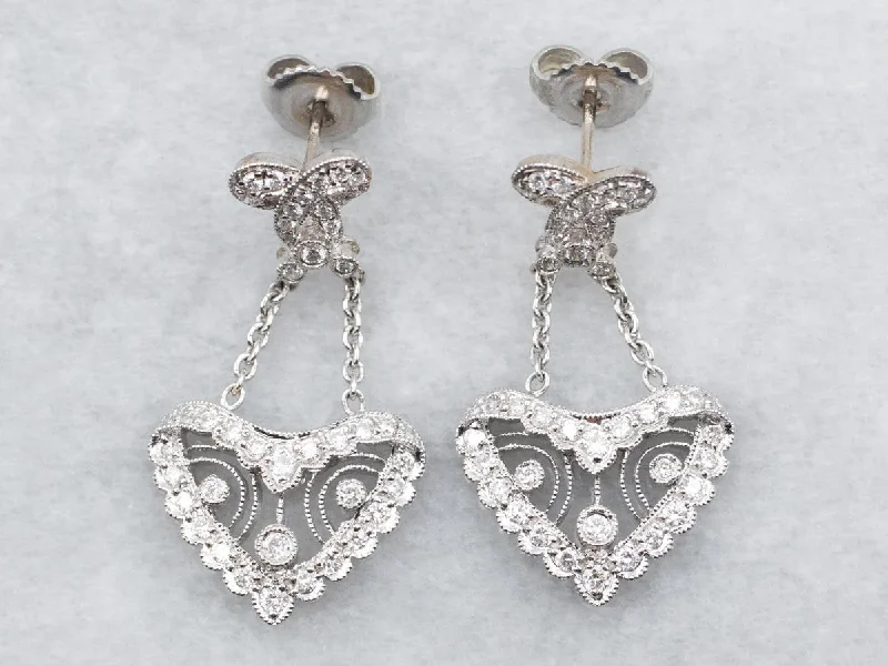 Organic shell drop earrings evoking coastal elegance -White Gold Diamond Filigree Drop Earrings