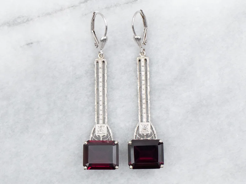 Vintage pearl drop earrings with classic gold settings -East to West Rhodolite Garnet and Diamond Drop Earrings