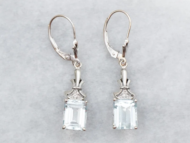 Soft velvet drop earrings offering cozy winter texture -White Gold Emerald Cut Blue Topaz Drop Earrings with Diamond Accent