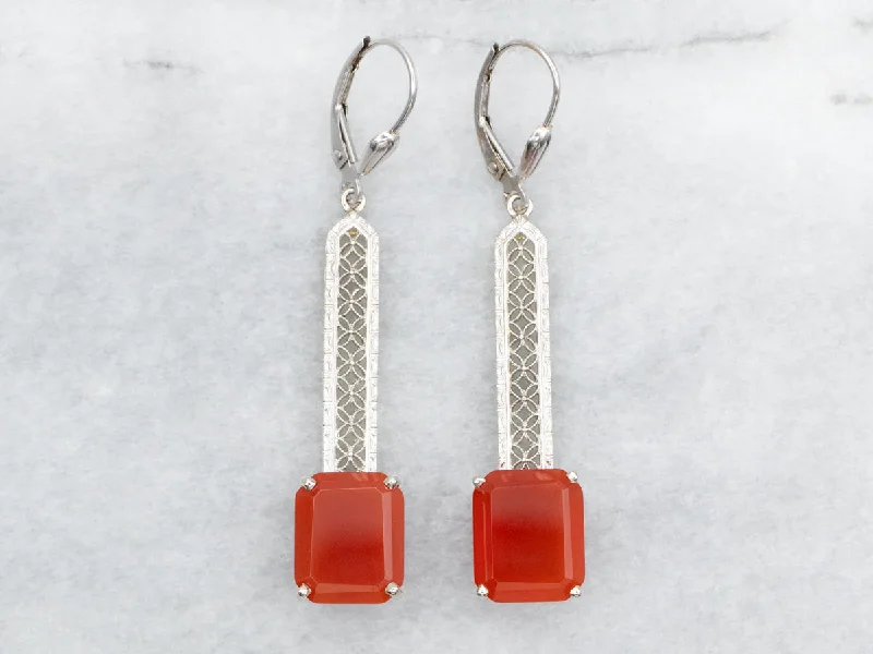 Delicate chain drop earrings with tiny gem accents -Filigree Carnelian Drop Earrings