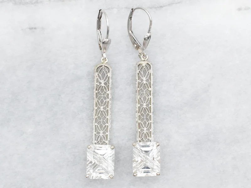 Shimmering sunstone drop earrings with golden flecked glow -White Topaz Filigree Drop Earrings